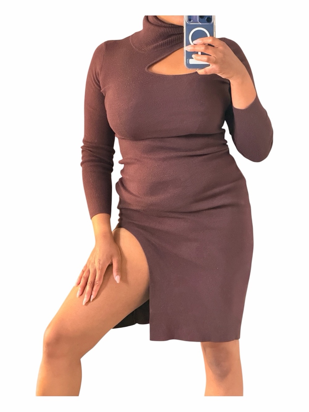 Forever 21 Long Sleeve Turtleneck Cutout Knit Dress in Brown